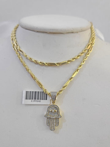 Real 10k Milano Rope Chain Diamond Hamsa Charm Necklace SET 3mm 18" 20" 22" 24"