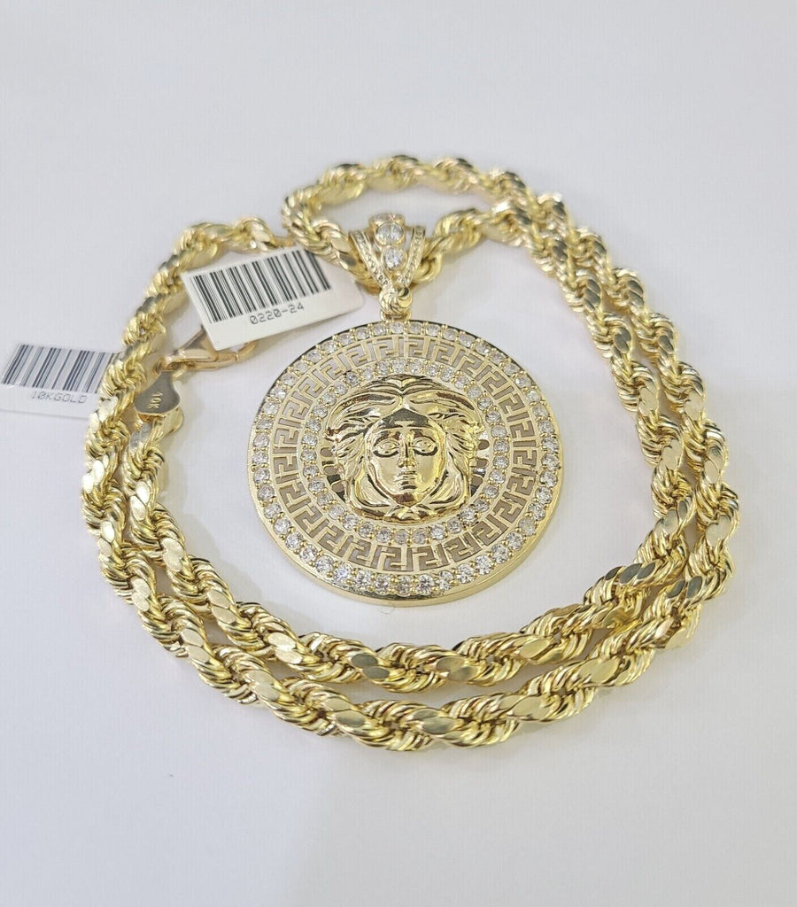 Real 10k Yellow Gold Rope Chain Head Charm Set 6mm 18-26Inch