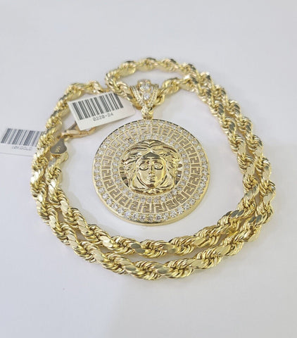 Real 10k Yellow Gold Rope Chain Head Charm Set 6mm 18"-26"Inch Necklace