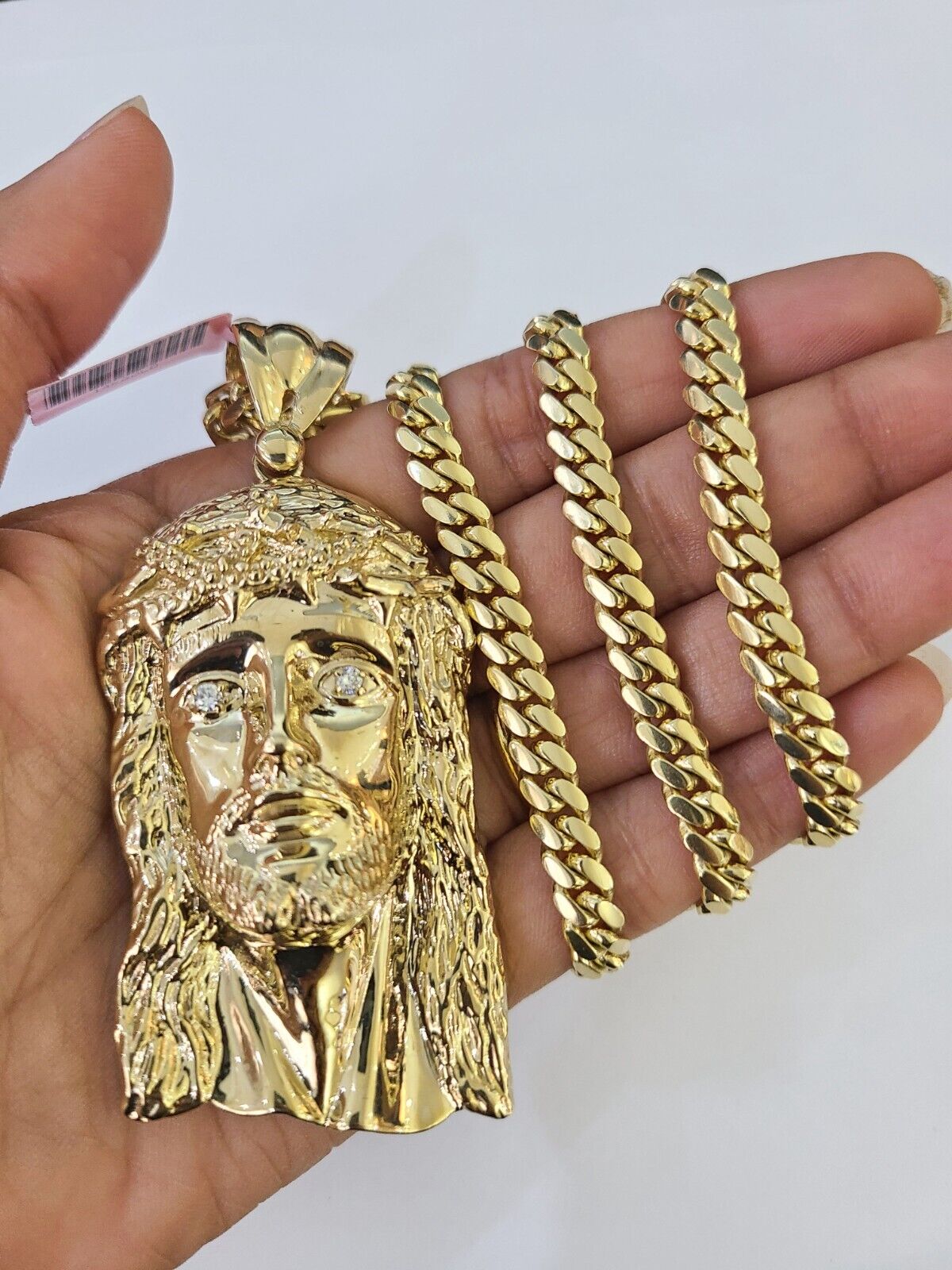 Real 14k Solid Chain Jesus Head Charm Set Miami Cuban Link 6mm Necklace Pendant