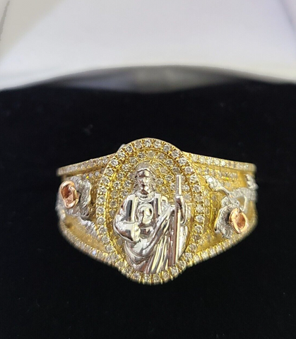 Real 10k Yellow Gold Diamond Mens Ring Jesus Band Wedding Casual Genuine Natural