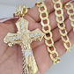 14k Gold Chain Jesus Cross Charm Solid Cuban Curb 10mm 20"-30" SET Necklace