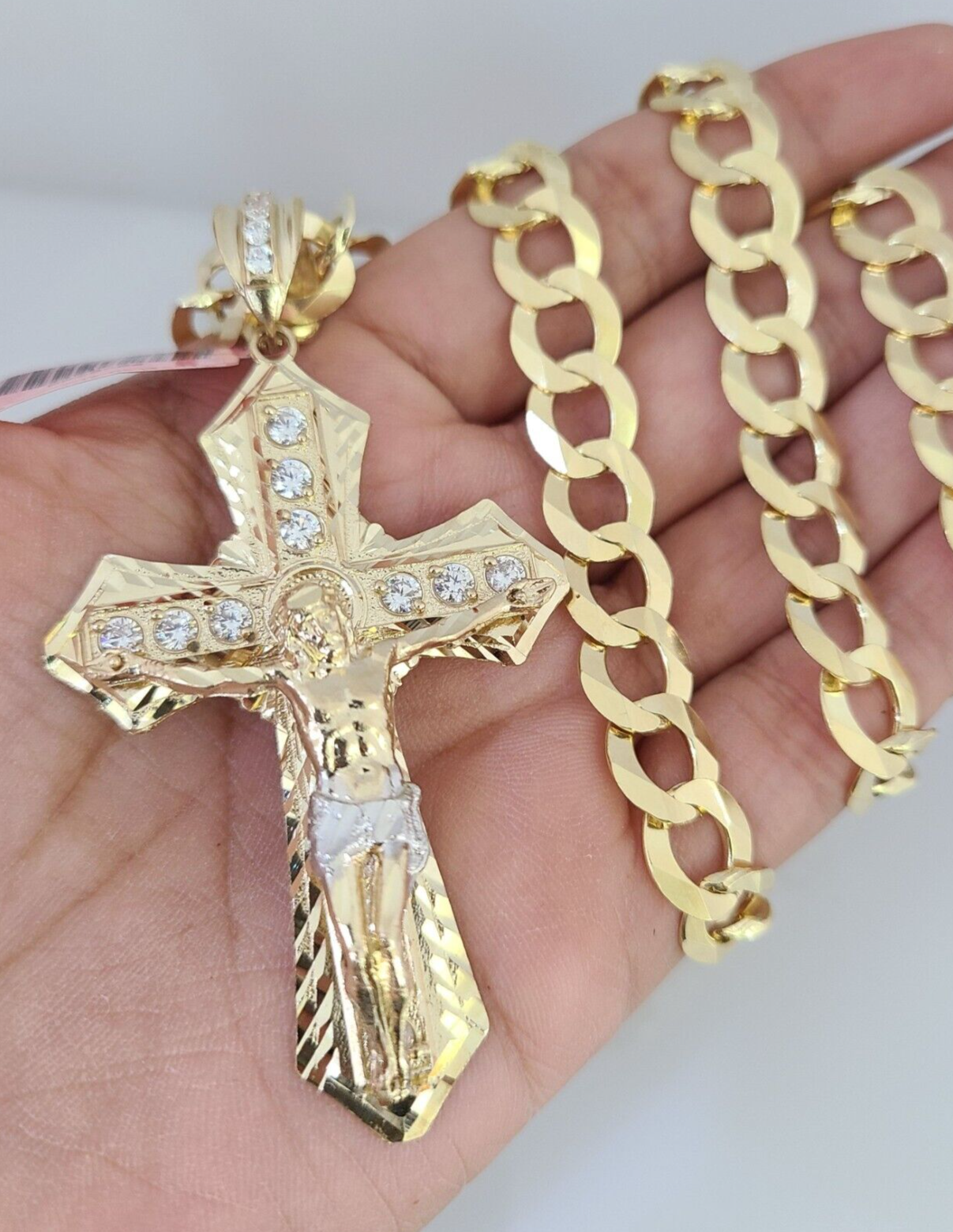 14k Gold Chain Jesus Cross Charm Solid Cuban Curb 10mm 20"-30" SET Necklace