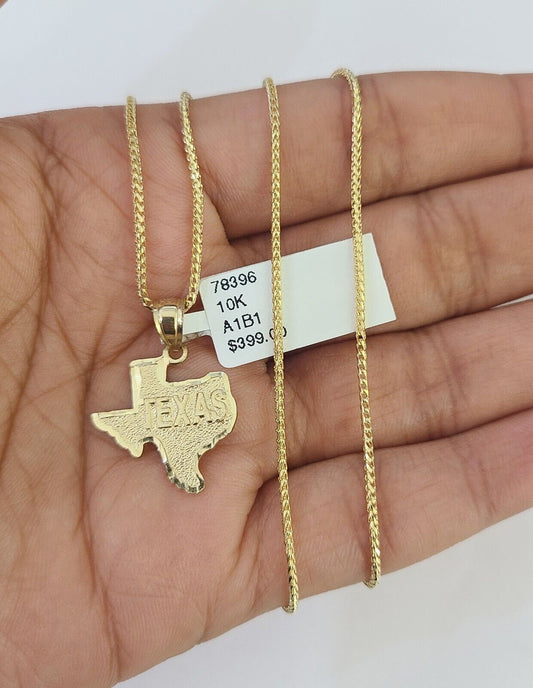 10K Solid Franco Chain Texas Map Pendant Charm Necklace 16"-24" 1mm Ladies