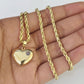 Real 10k Rope Chain Heart Charm Pendant SET Necklace 3mm 18"-24" Ladies