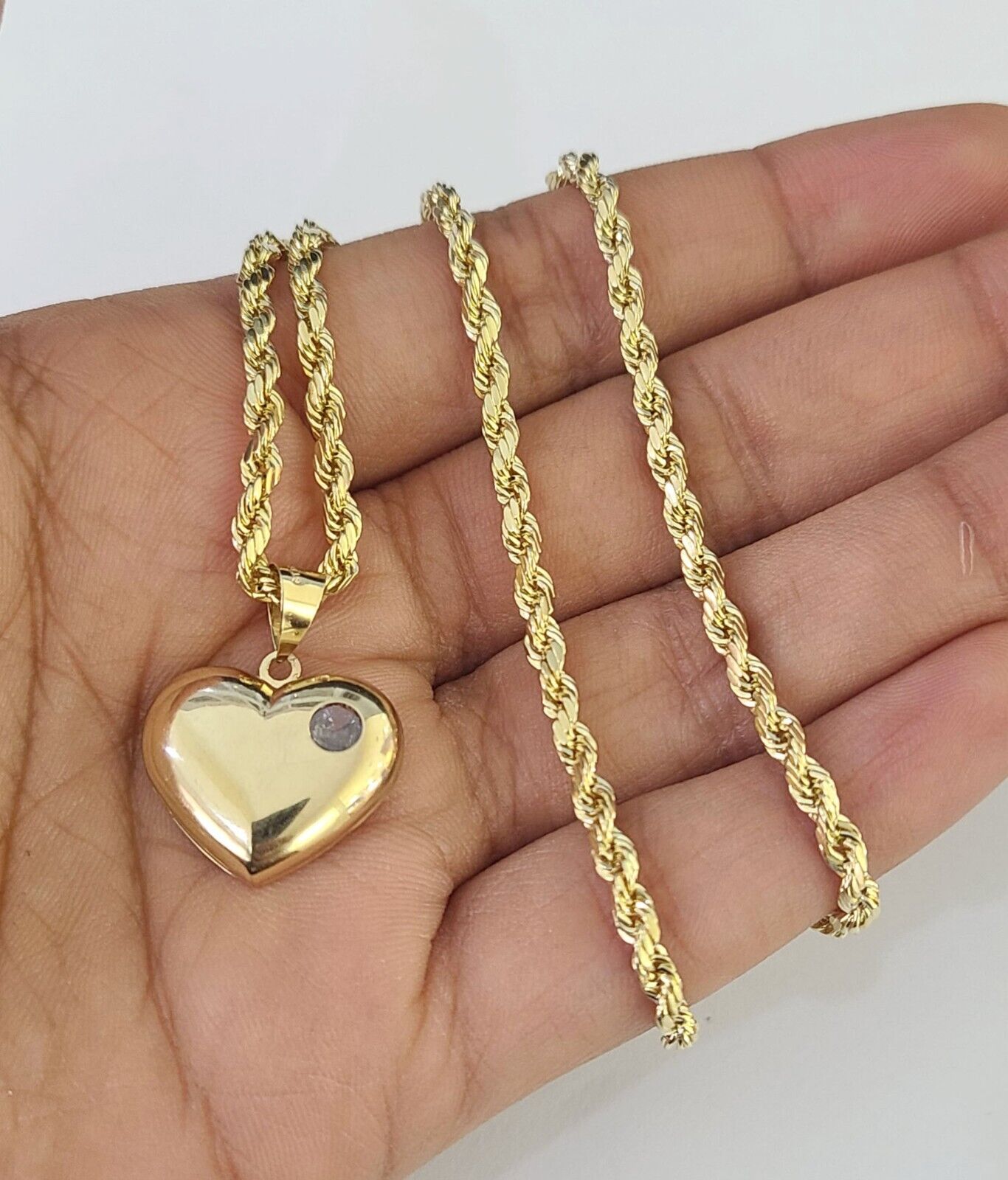 Real 10k Rope Chain Heart Charm Pendant SET Necklace 3mm 18"-24" Ladies