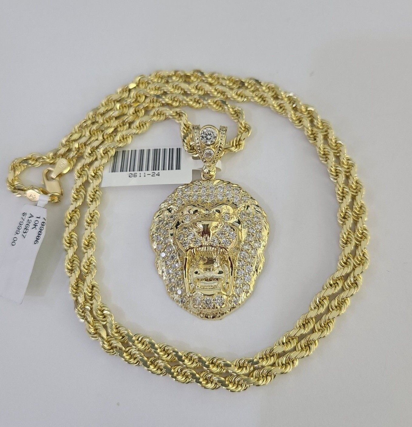 10k Solid Rope Chain Roaring Lion Charm Set 4mm 20"-28" Necklace Gold Yellow