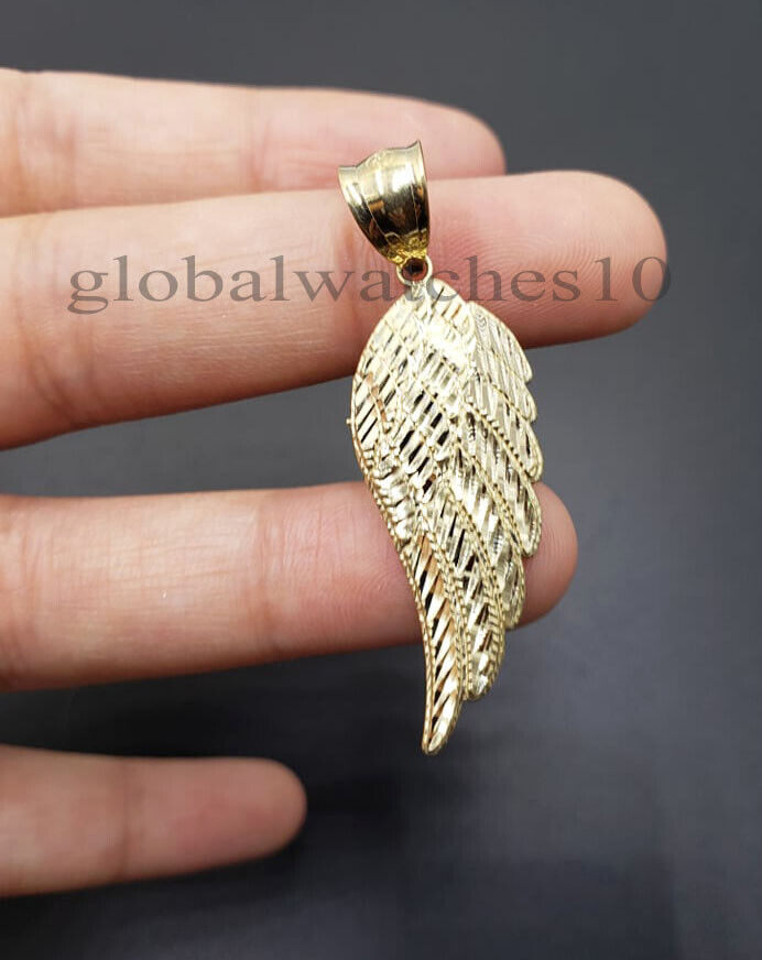 10k Yellow Gold Angel Wing Pendant Charm 10k Solid Rope palm Byzantine chain Set