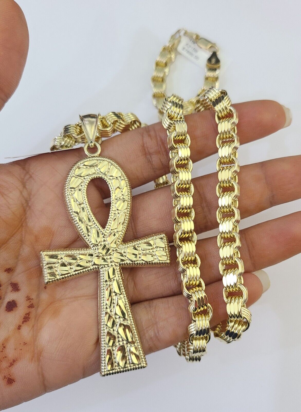 10k Gold Byzantine Necklace Jesus Cross Charm 20-30 inches 6mm SET Chain Pendant