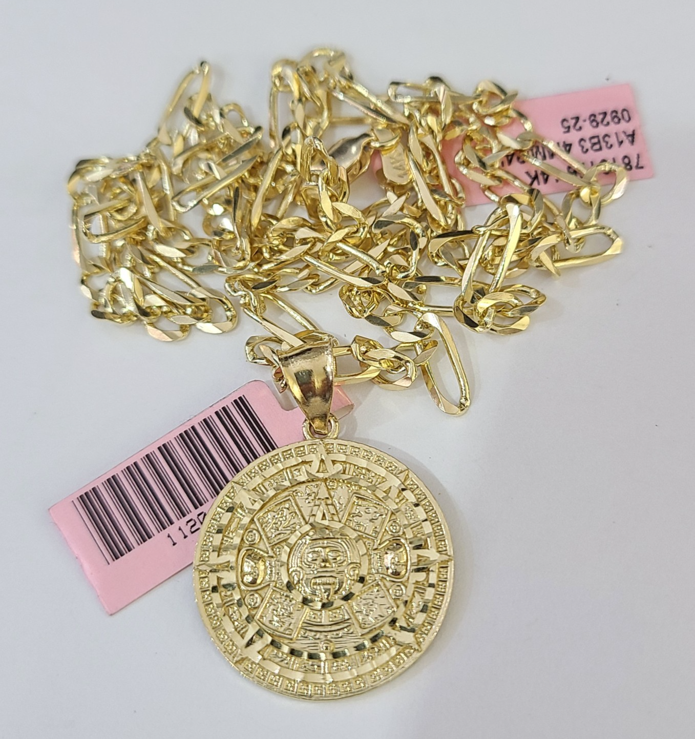 14k Solid Figaro Chain Mayan Calendar Pendant Gold 4mm 18-28 inch SET Necklace