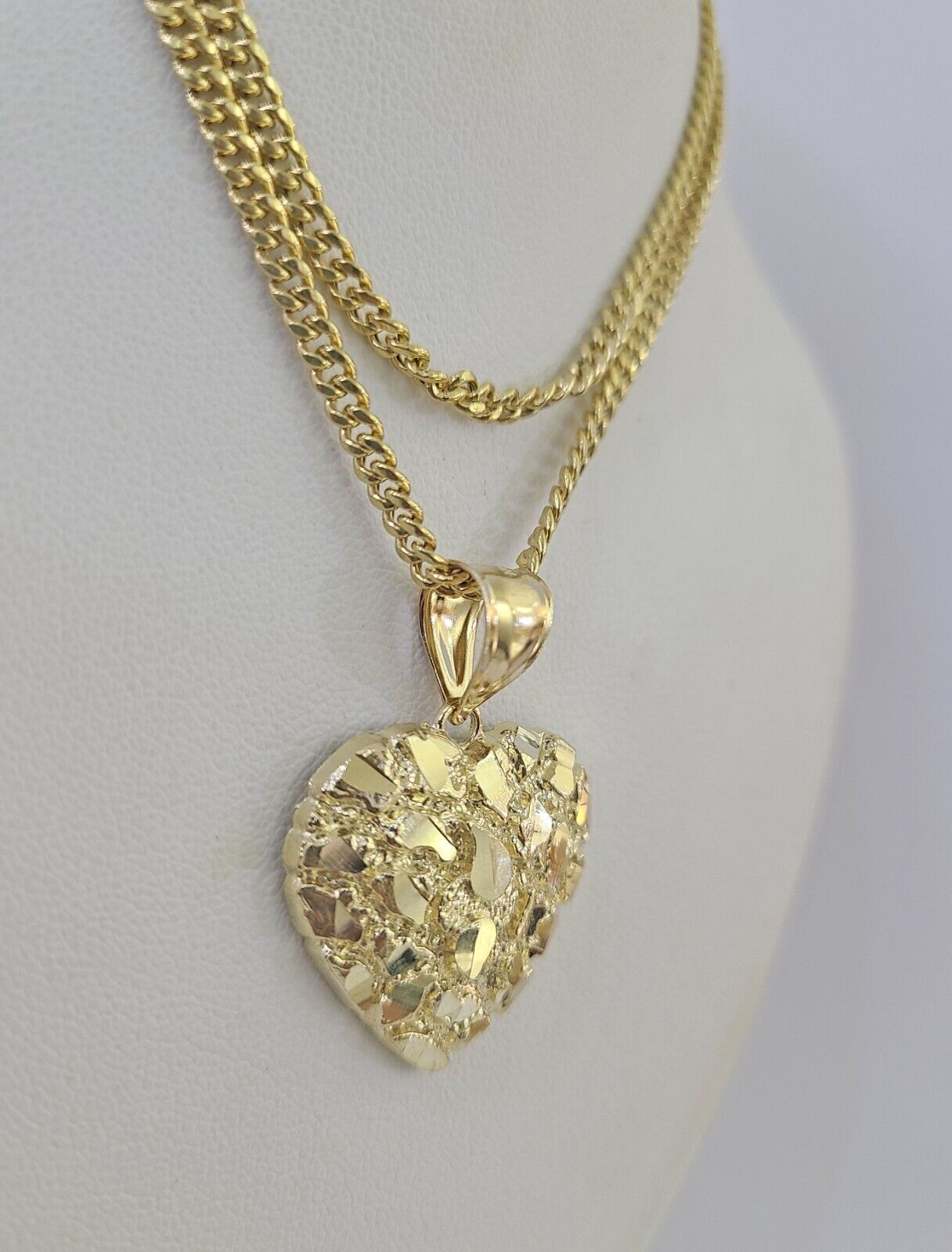 10K Gold Miami Cuban Chain Nugget Heart Charm 18"-24" 3mm REAL Pendant Ladies