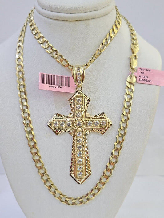 14k Gold Chain Jesus Cross Charm Solid Cuban Curb 5mm 20"-26" Inch SET Necklace