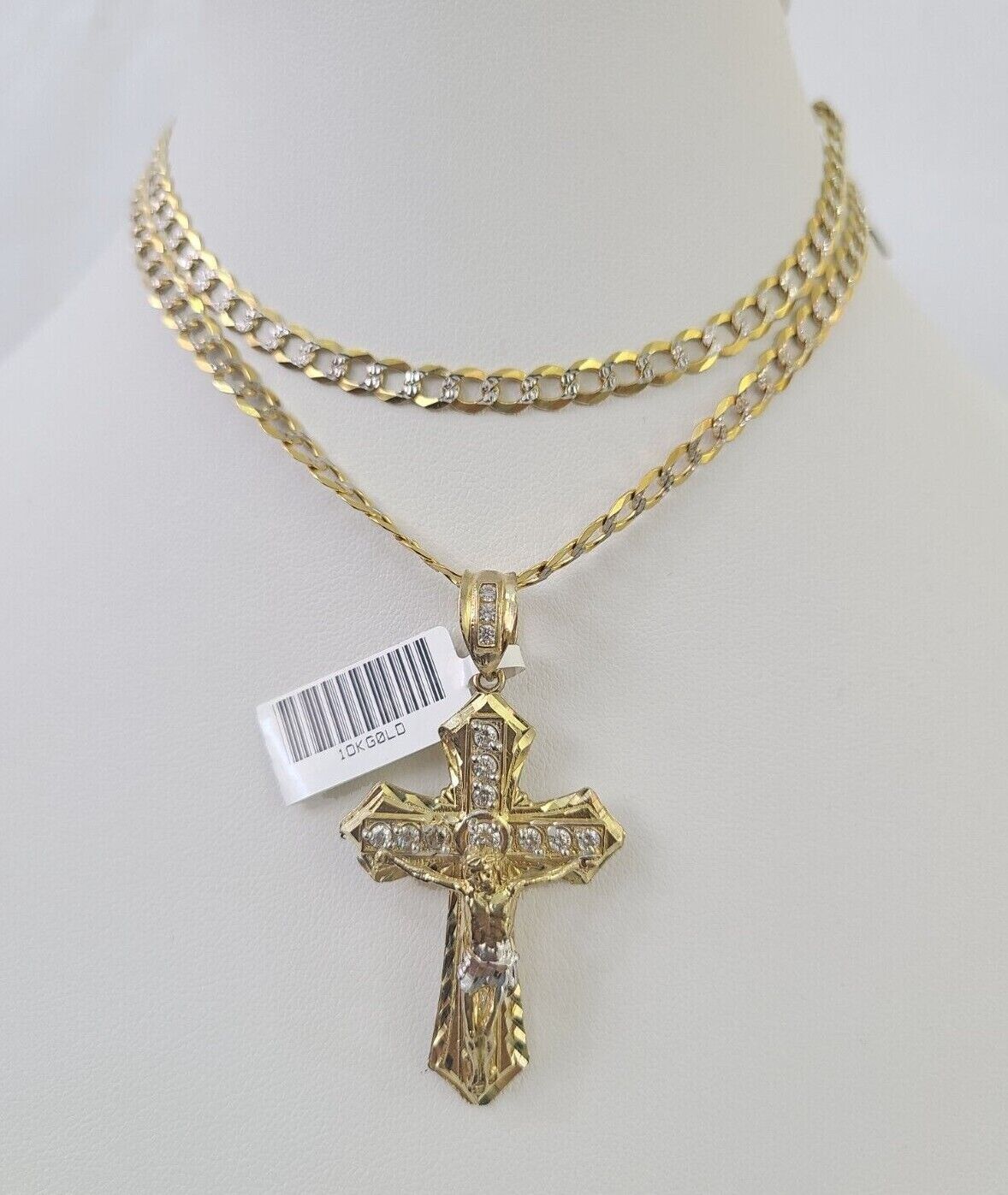 10k Gold Chain Cross Charm Solid Cuban Curb Link 5mm 18"-28" Inch DiamondCut SET