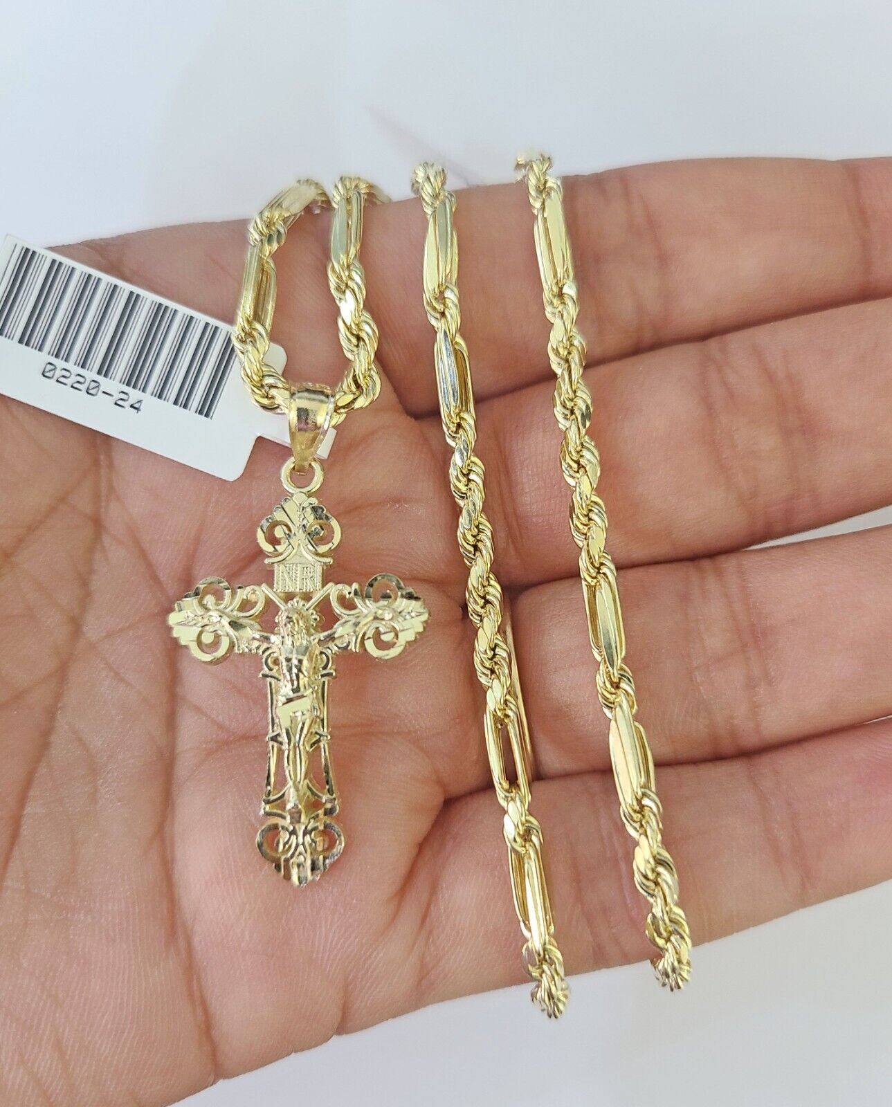 10k Milano Rope Chain INRI Cross Charm Necklace SET 3mm 18" 20" 22" 24" Pendant