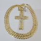 10k Gold Chain Cuban Curb Jesus Cross Charm Pendant Link 5mm 18"-28" Inch SET