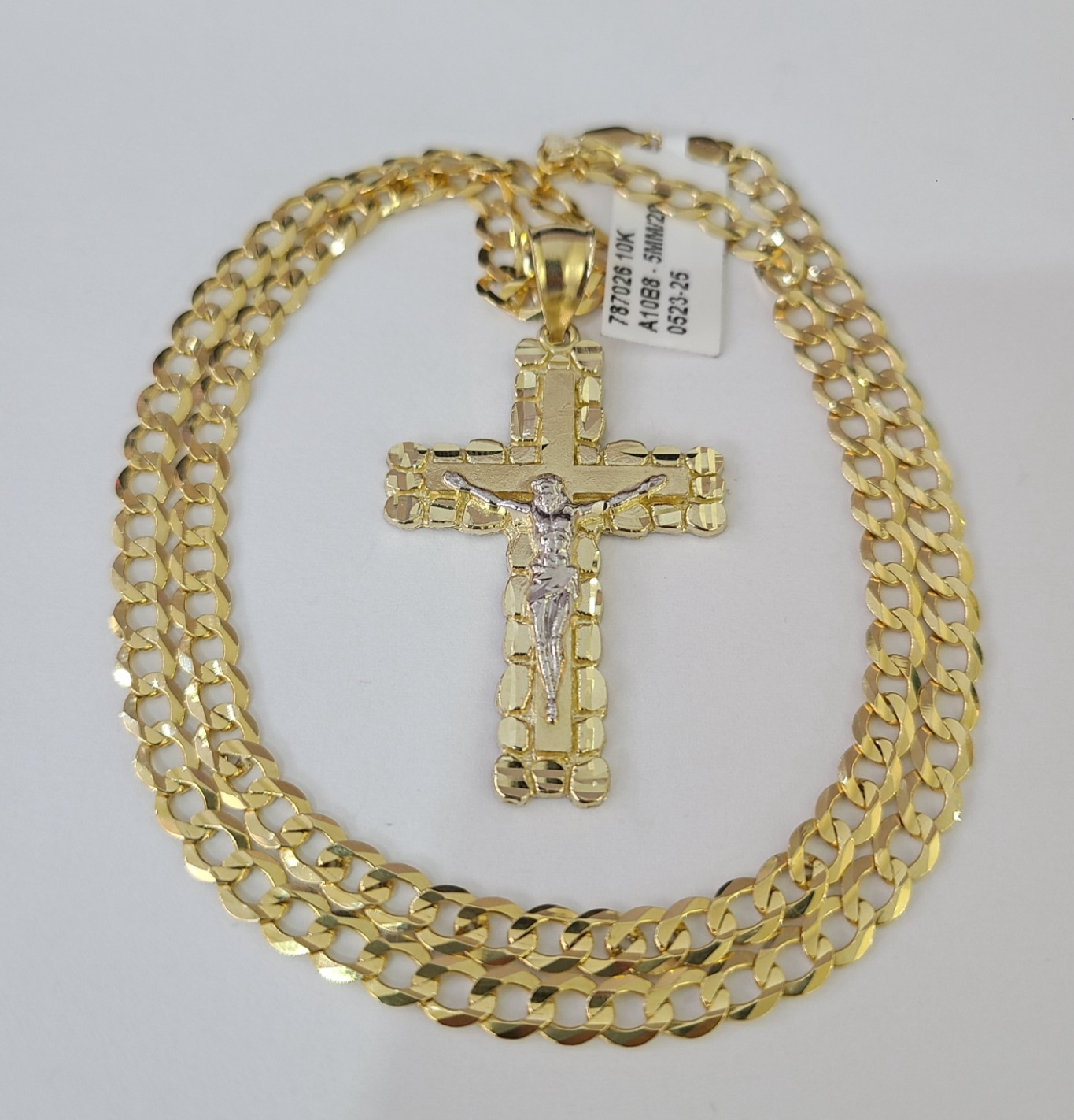 10k Gold Chain Cuban Curb Jesus Cross Charm Pendant Link 5mm 18"-28" Inch SET