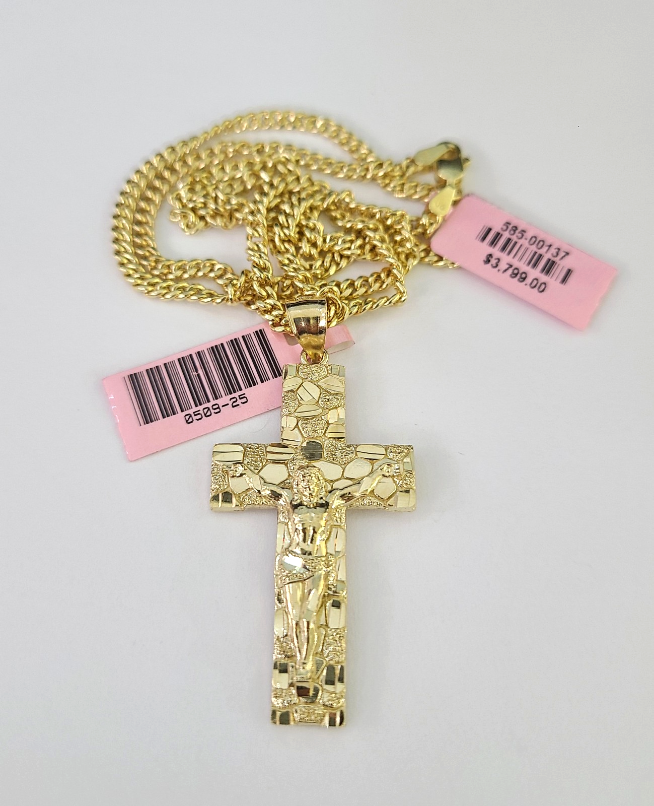 14k Miami Cuban Chain Nugget Cross Charm Pendant 3mm 18"24" inch SET Necklace