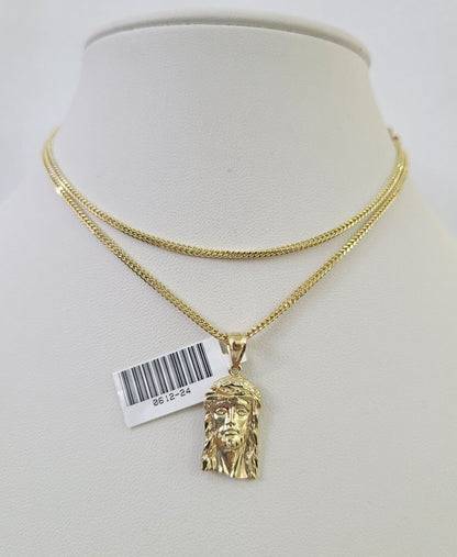 10K Solid Franco Chain Jesus Head Pendant Charm Necklace 18"-24" 1mm Gold