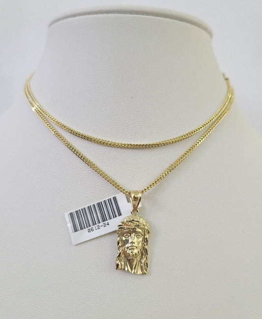 10K Solid Franco Chain Jesus Head Pendant Charm Necklace 18"-24" 1mm Gold