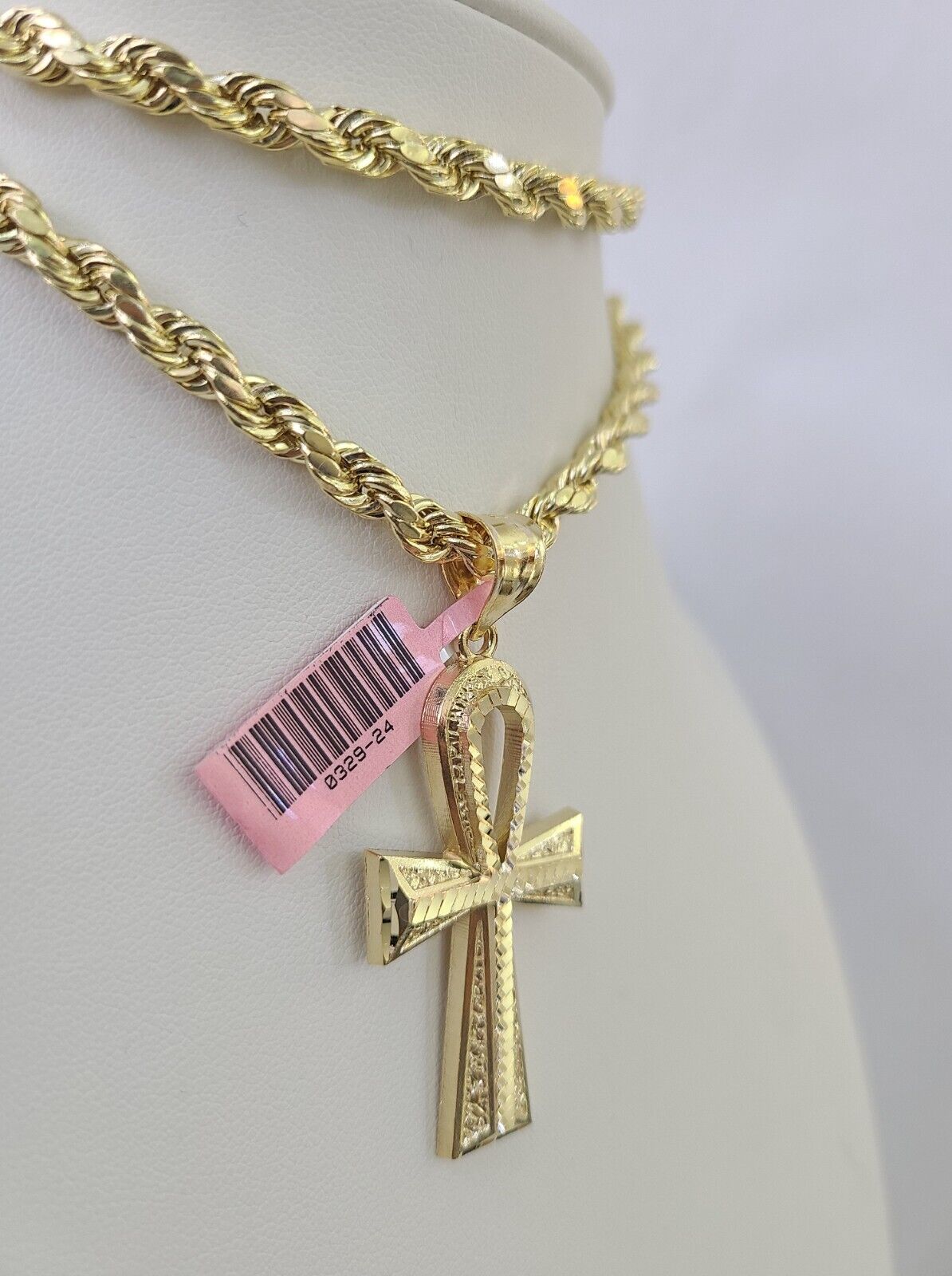 Real 14k Rope Chain Ankh Cross Charm Set 6mm 18"-28" Necklace Yellow Gold