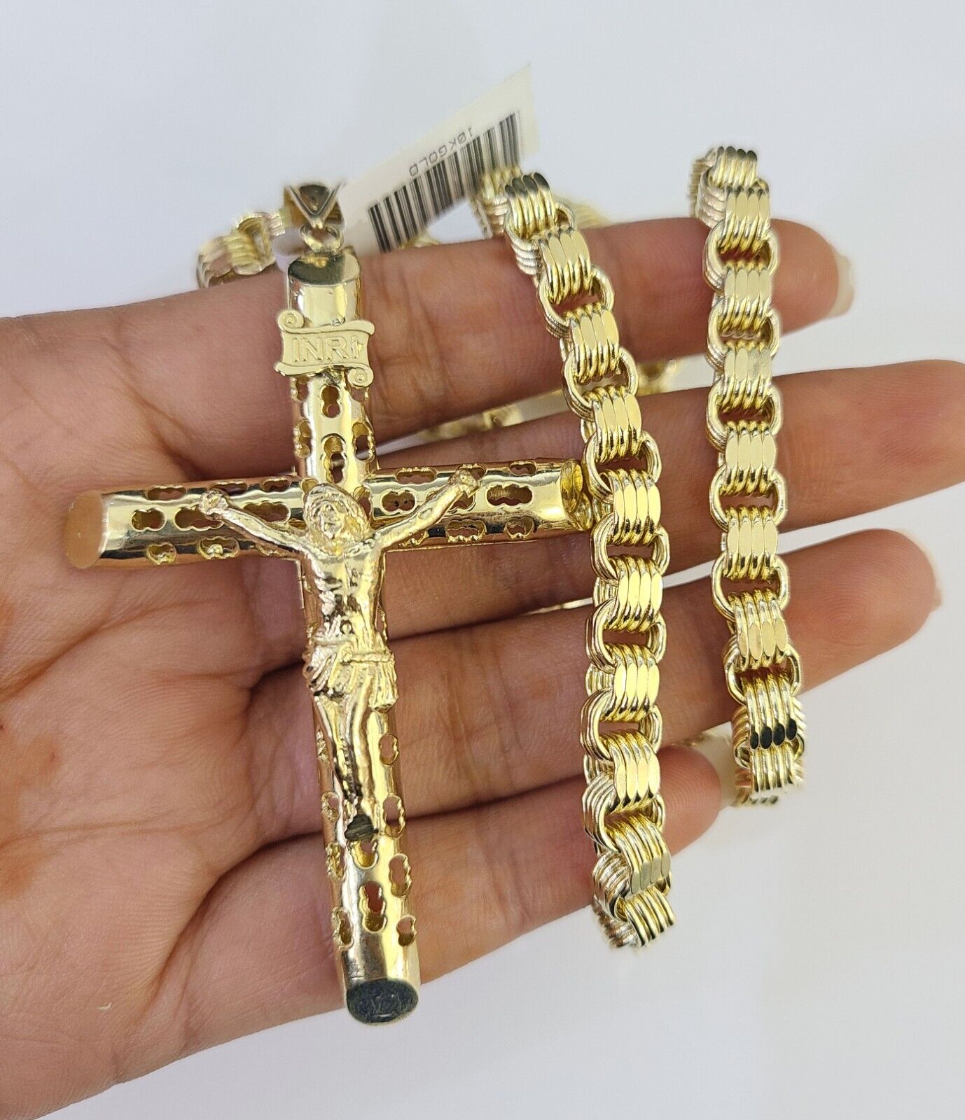 10k Gold Byzantine Necklace Jesus Cross Charm 20-30 inches 6mm SET Chain Pendant