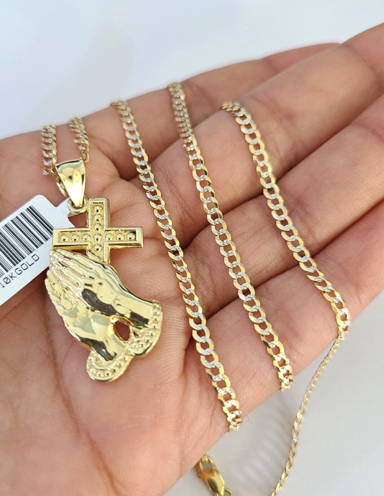 10k Solid Gold Cuban Curb Chain Praying Hands Pendant 2mm 18"-24" SET Necklace