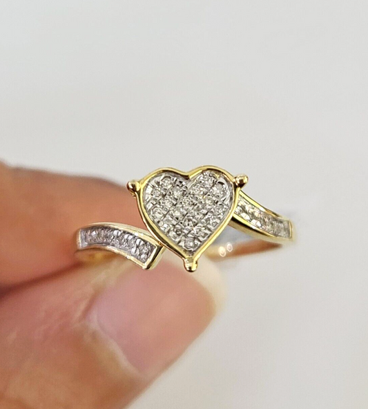 Real 10k Hearts Diamond Ladies Ring Women Casual 10Kt Yellow Gold