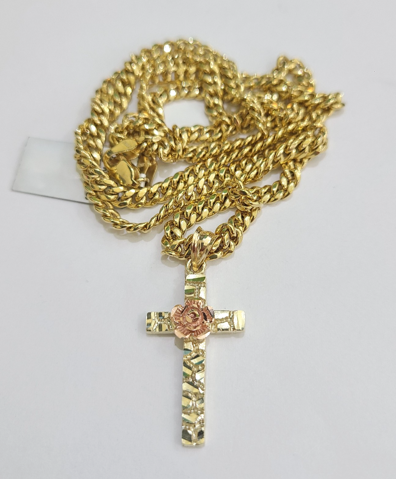 10k Gold Chain Miami Cuban Jesus Cross Charm Pendant Set 4mm 18"28" Necklace
