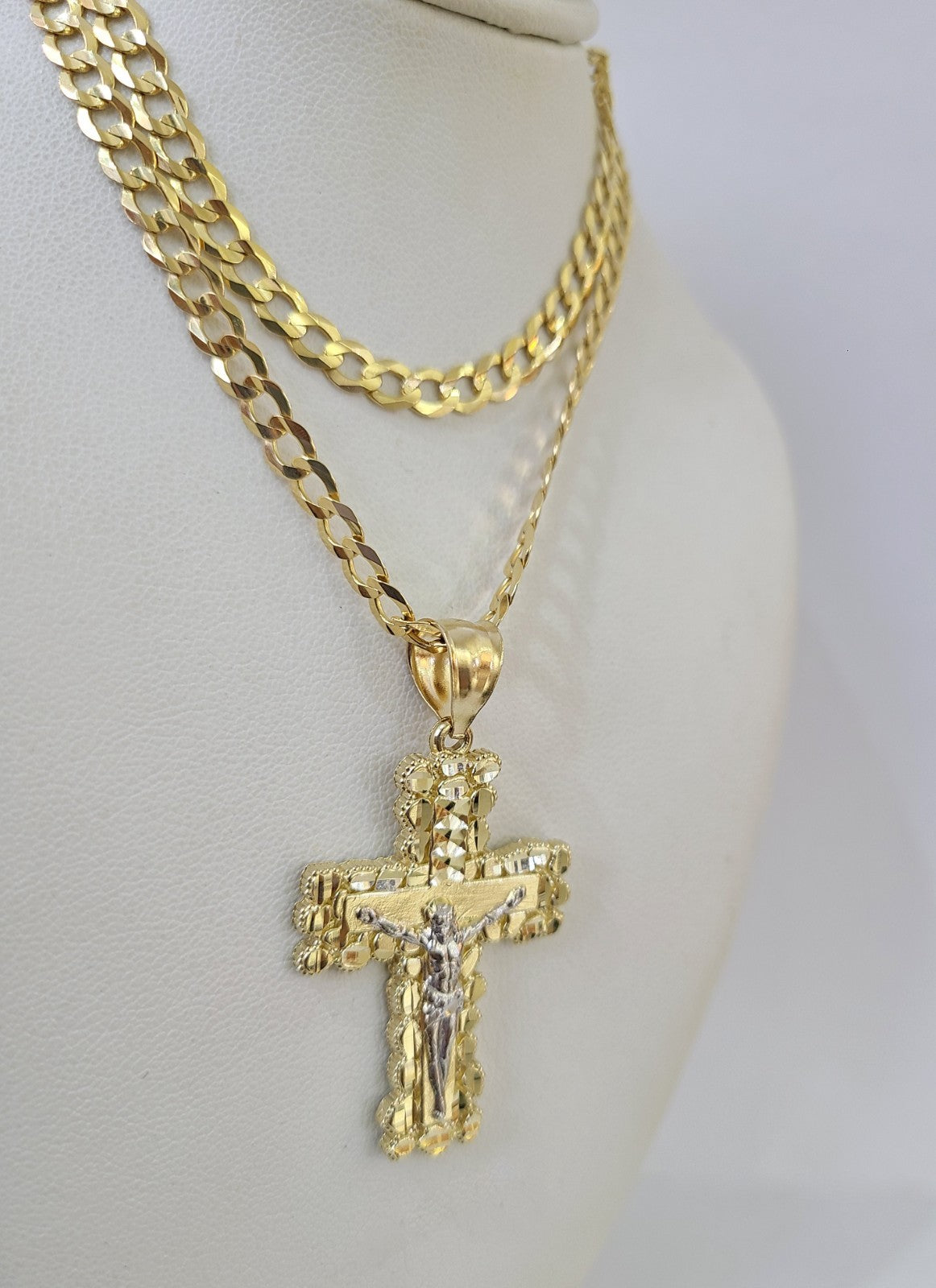 10k Gold Chain Cuban Curb Jesus Cross Charm Pendant Link 5mm 18"-28" Inch SET