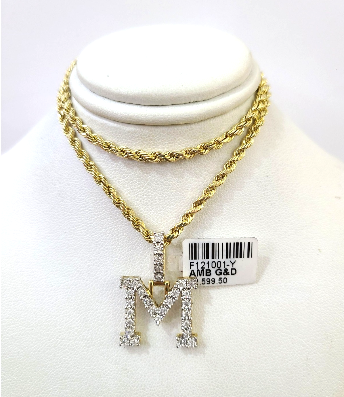 10k Rope Chain M Diamond Initial Charm Necklace Pendant Set 2mm 18"-24" Gold