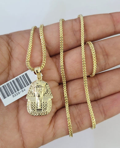 10K Franco Chain Pharaoh Pendant Charm Necklace 16"-24" 2mm Gold SET Yellow