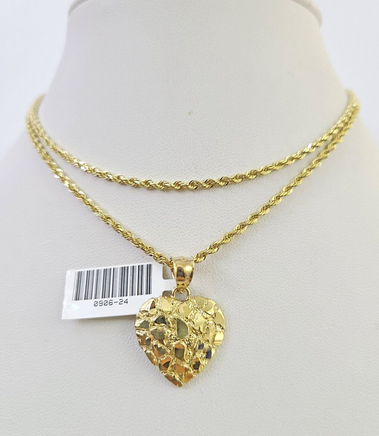 10k Solid Rope Chain 2mm Nugget Heart Pendant Charm Necklace SET 16"-22" Ladies