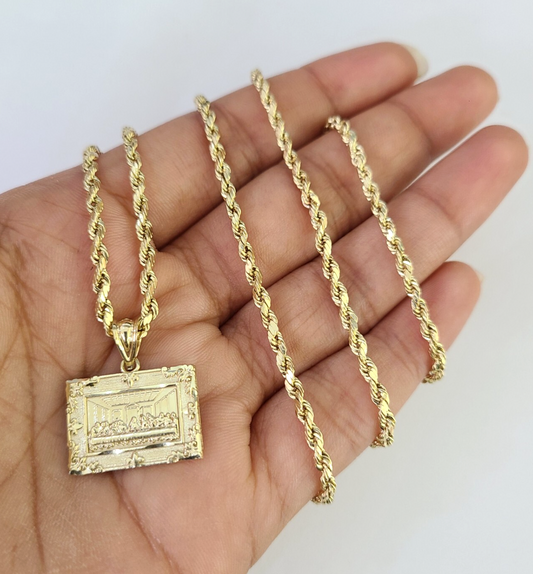 10k 2.5mm Rope Chain Last Supper Pendant 18"28" Gold Set Charm Necklace