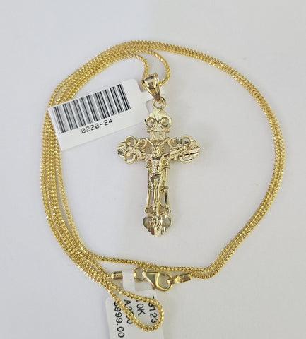 10K Solid Franco Chain INRI Jesus Cross Pendant Charm Necklace 18"-24" 1.5mm