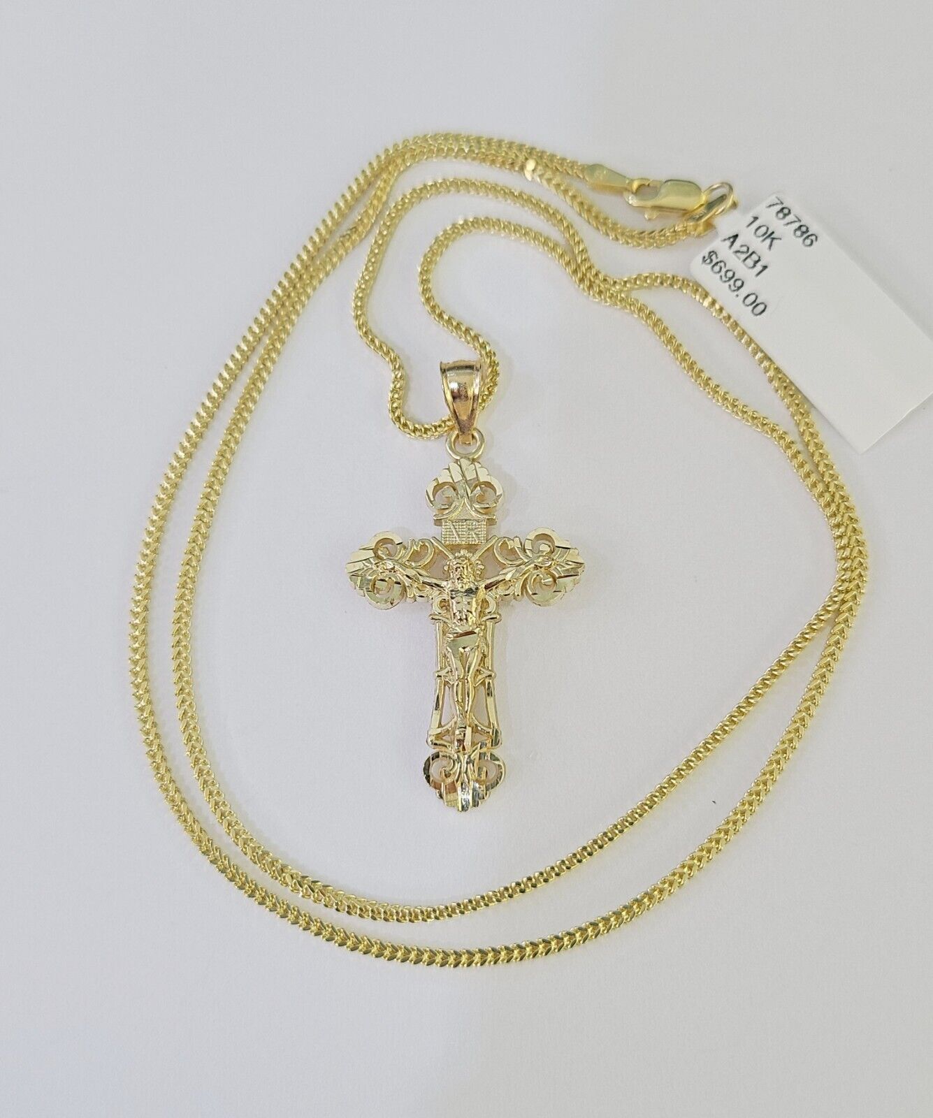 10K Gold Franco Chain INRI Cross Charm SET Length 16-20 Inches 1mm Ladies Women