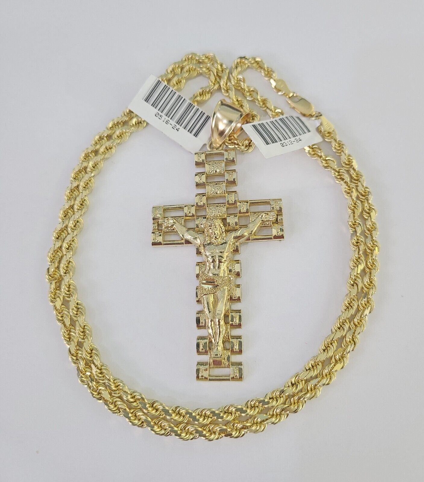 10k Solid Rope Chain Jesus Cross Charm Set 4mm 20"-28" Necklace Gold Yellow