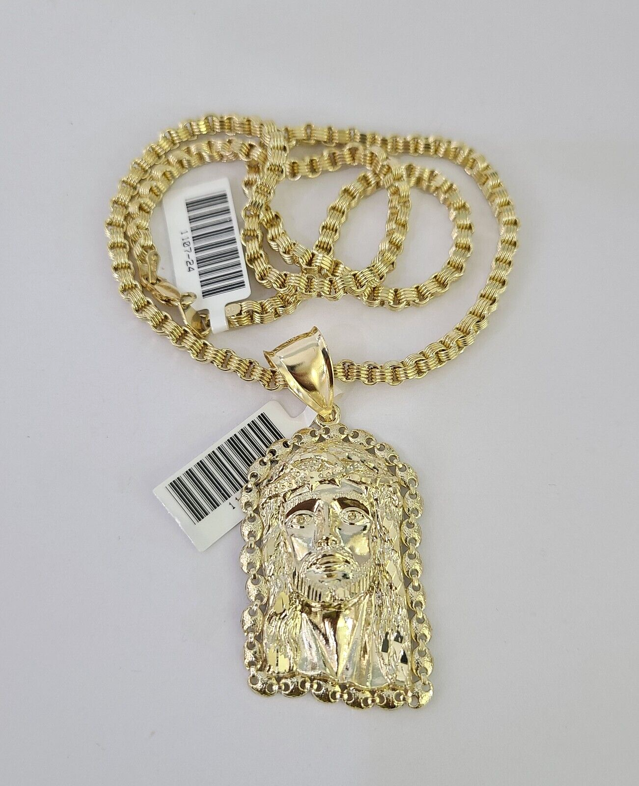 10k Gold Byzantine Necklace Jesus Head Charm 20-28 inches 3mm REAL SET Chain