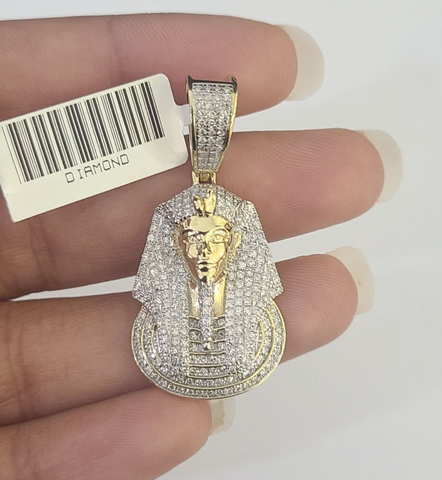 10k Pharaoh Head Diamond Pendant Charm Yellow Gold Men Women Real 10Kt 1.5 inch