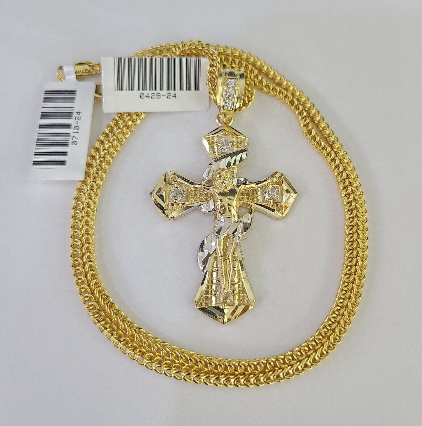 10K Gold Franco Chain Jesus Cross Charm Pendant 20-26 inches 2.5mm REAL Yellow