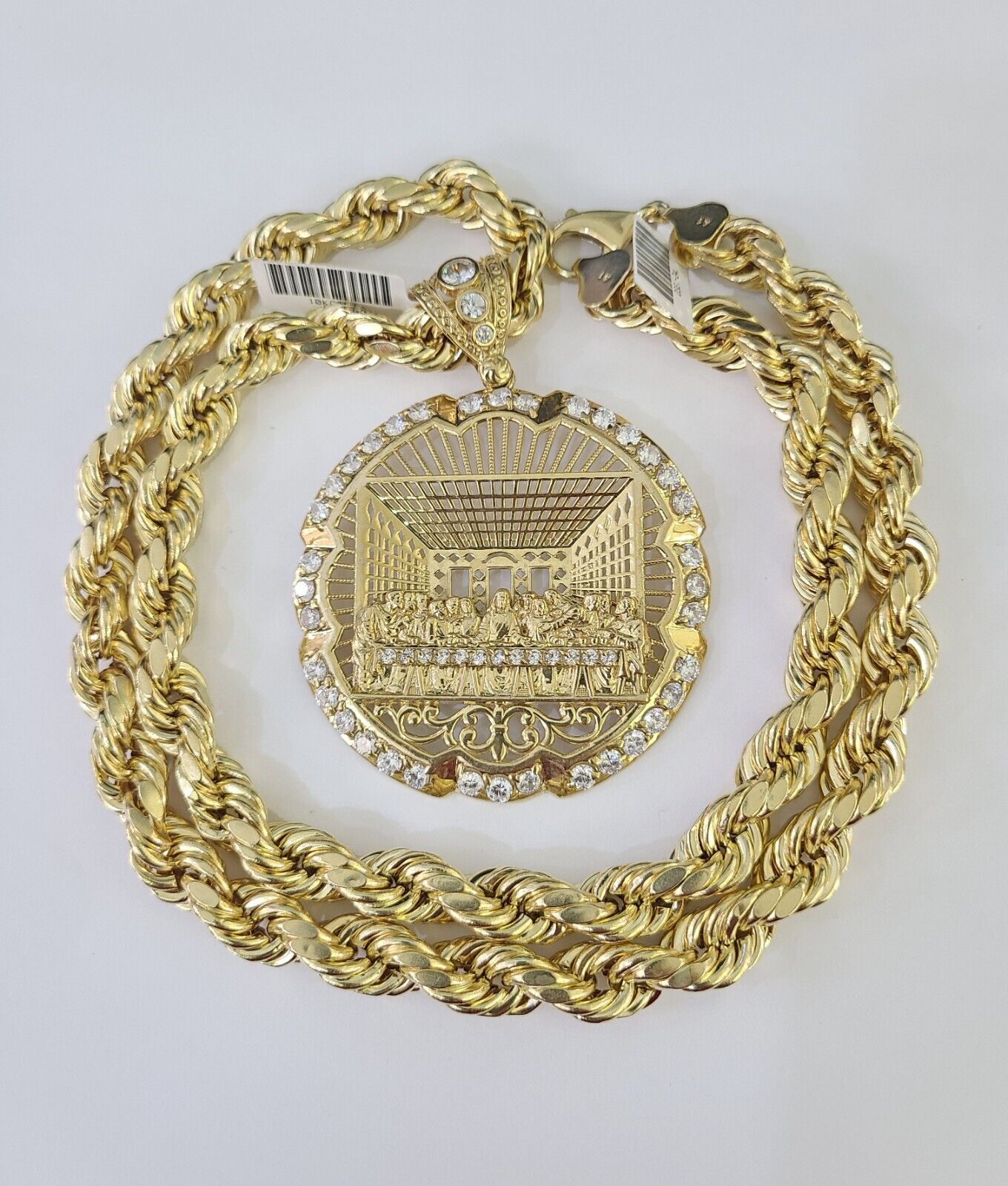 Real 10k Rope Chain Last Supper Charm Set 10mm 20"-30" Inch Necklace Yellow Gold