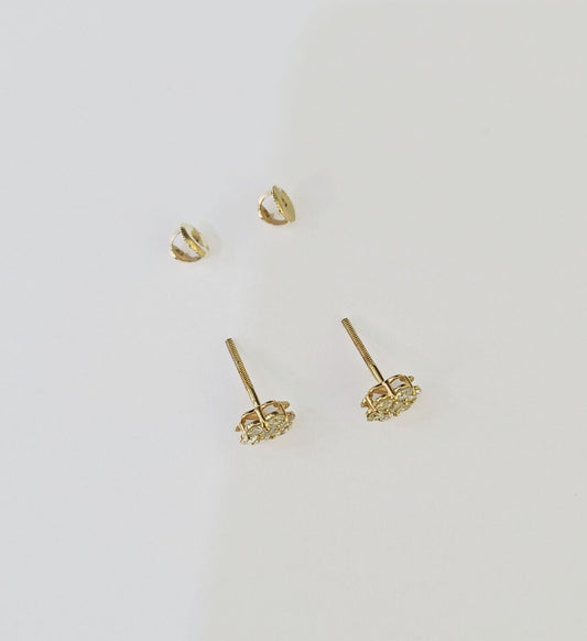 10k Yellow gold Flower Earrings Real Diamond screw-back Women Men studs