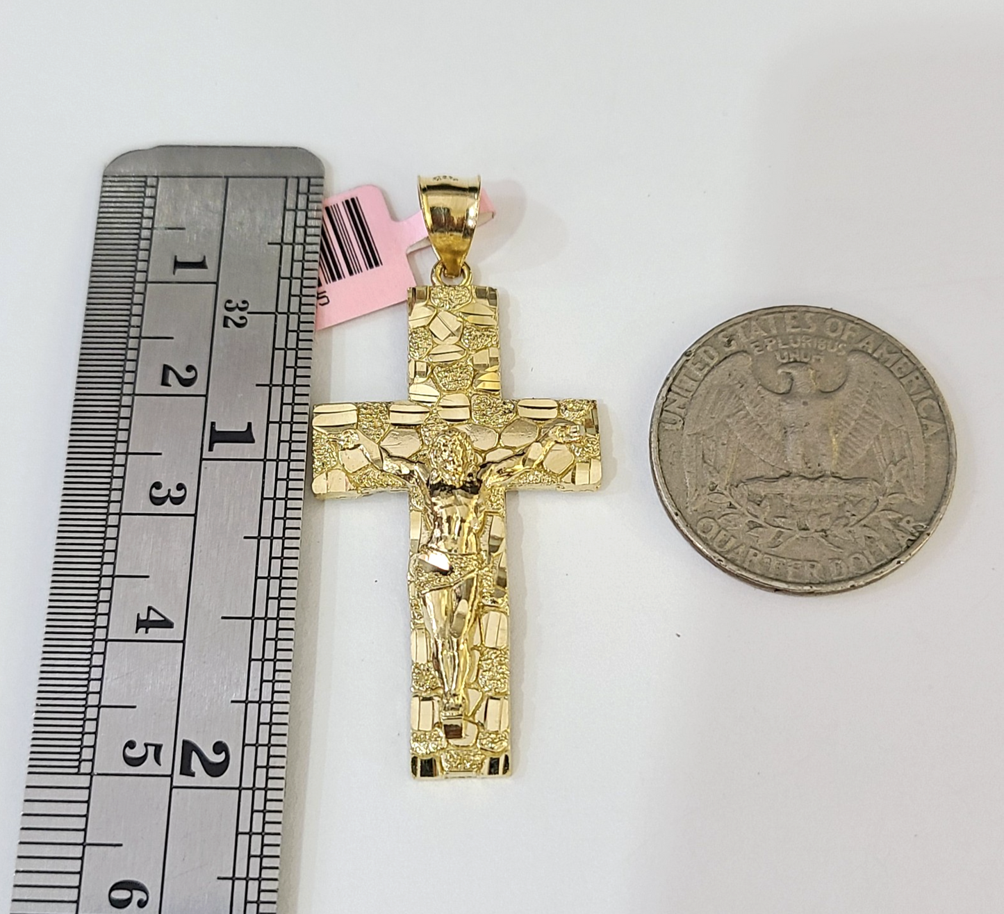 14k Solid Figaro Chain Nugget Jesus Cross Pendant Gold 4mm 18"-28" SET Necklace