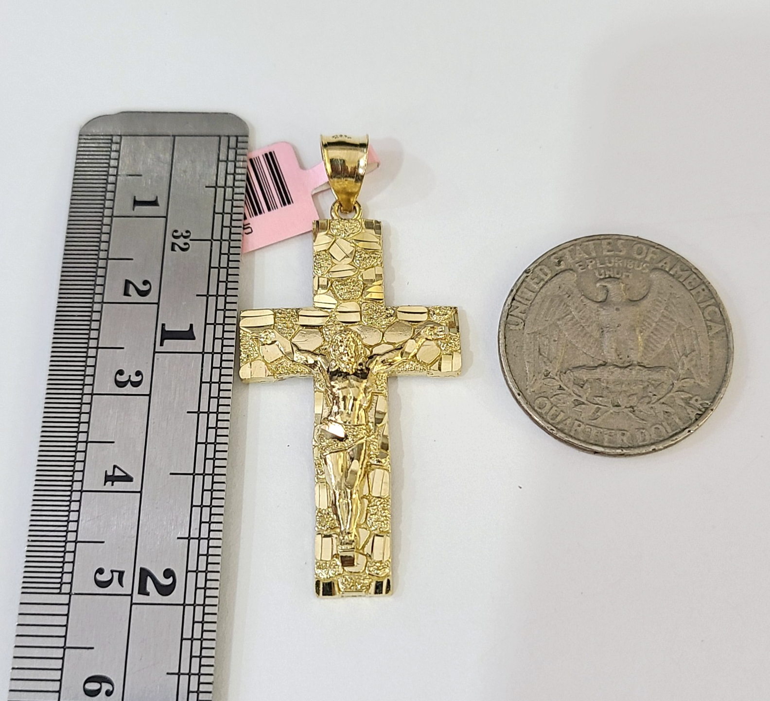 14k Solid Figaro Chain Nugget Jesus Cross Pendant Gold 4mm 18"-28" SET Necklace