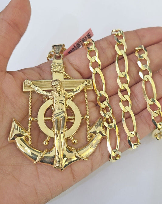 14k Figaro Chain Jesus Anchor Charm Pendant Gold 7mm 20-30 inch SET Necklace