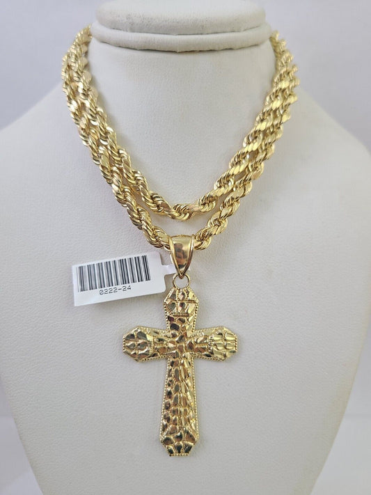 Real 10k Rope Chain Jesus Cross Charm Necklace Pendant Set 5mm 20"-30" Inch Gold