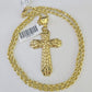 Real 10k Gold Rope Chain Jesus Cross Charm Pendant SET Necklace 3mm 20"-30" Inch