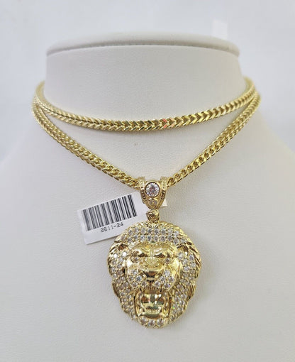 10K Franco Chain Roaring Lion Pendant Charm Necklace 20"-26" 3mm Gold Yellow SET