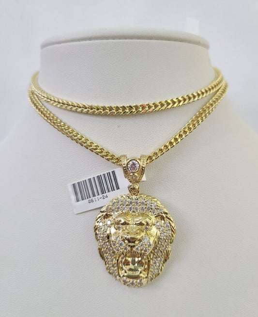 10K Franco Chain Roaring Lion Pendant Charm Necklace 20"-26" 3mm Gold Yellow SET