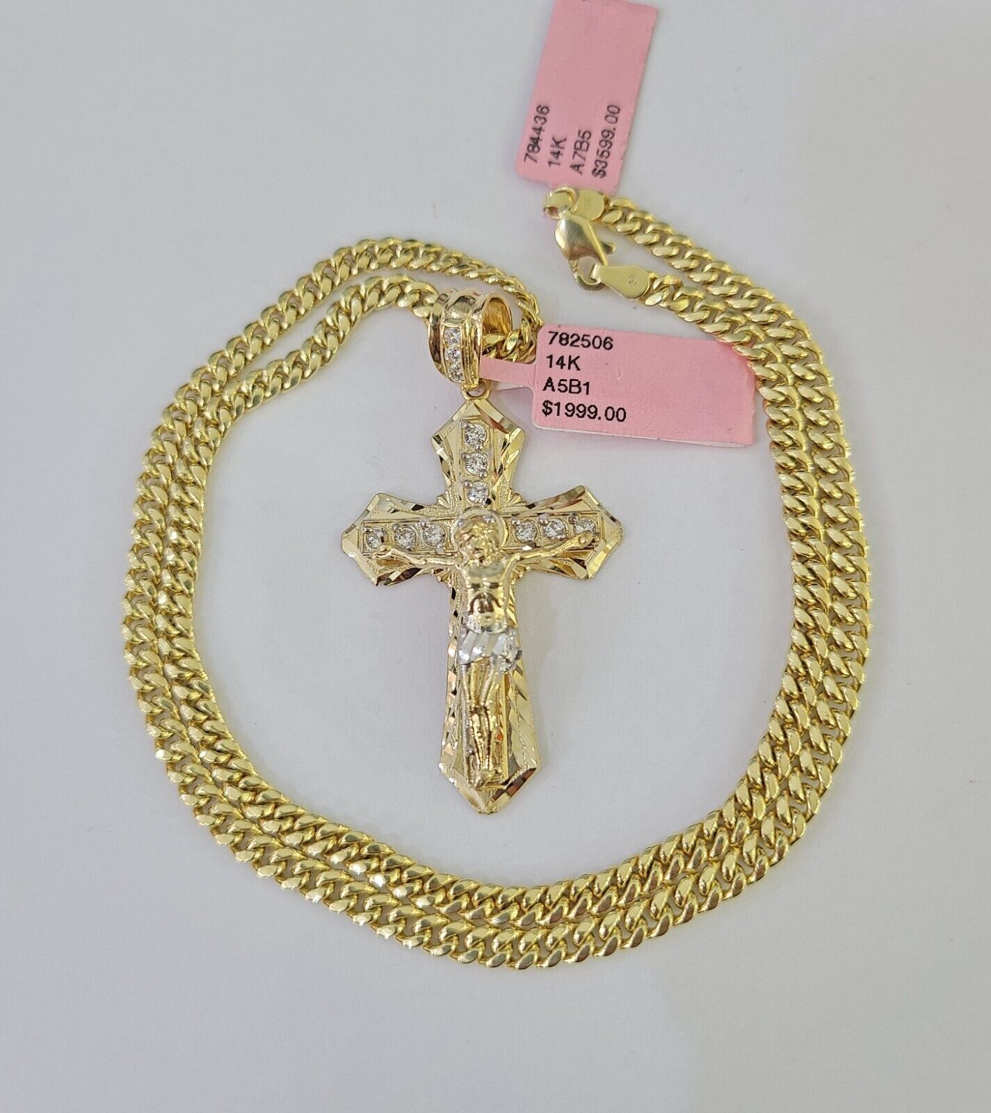 Real 14k Chain Cross Charm Set Miami Cuban Link 4mm Necklace Pendant Yellow Gold