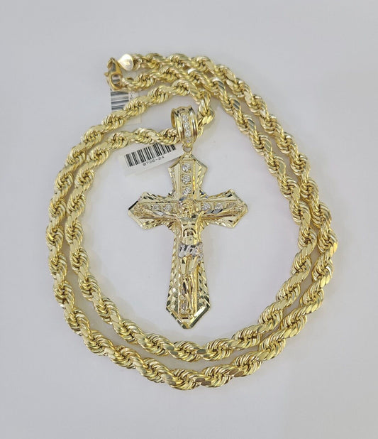 Real 10k Rope Chain Jesus Cross Charm Set 7mm 20"-28" Inch Necklace Yellow Gold, Men's